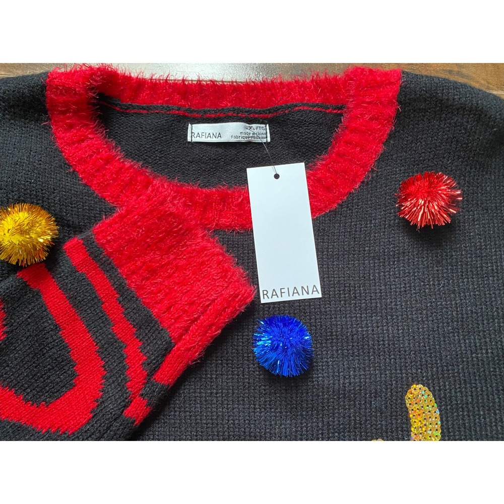 Rafiana Christmas holiday Sweater XL Black Red Sequin Cat Reindeer Pom Poms NEW